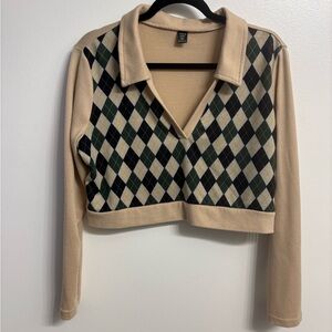 Argyle Cropped Sweater with Collar SHEIN 2XL